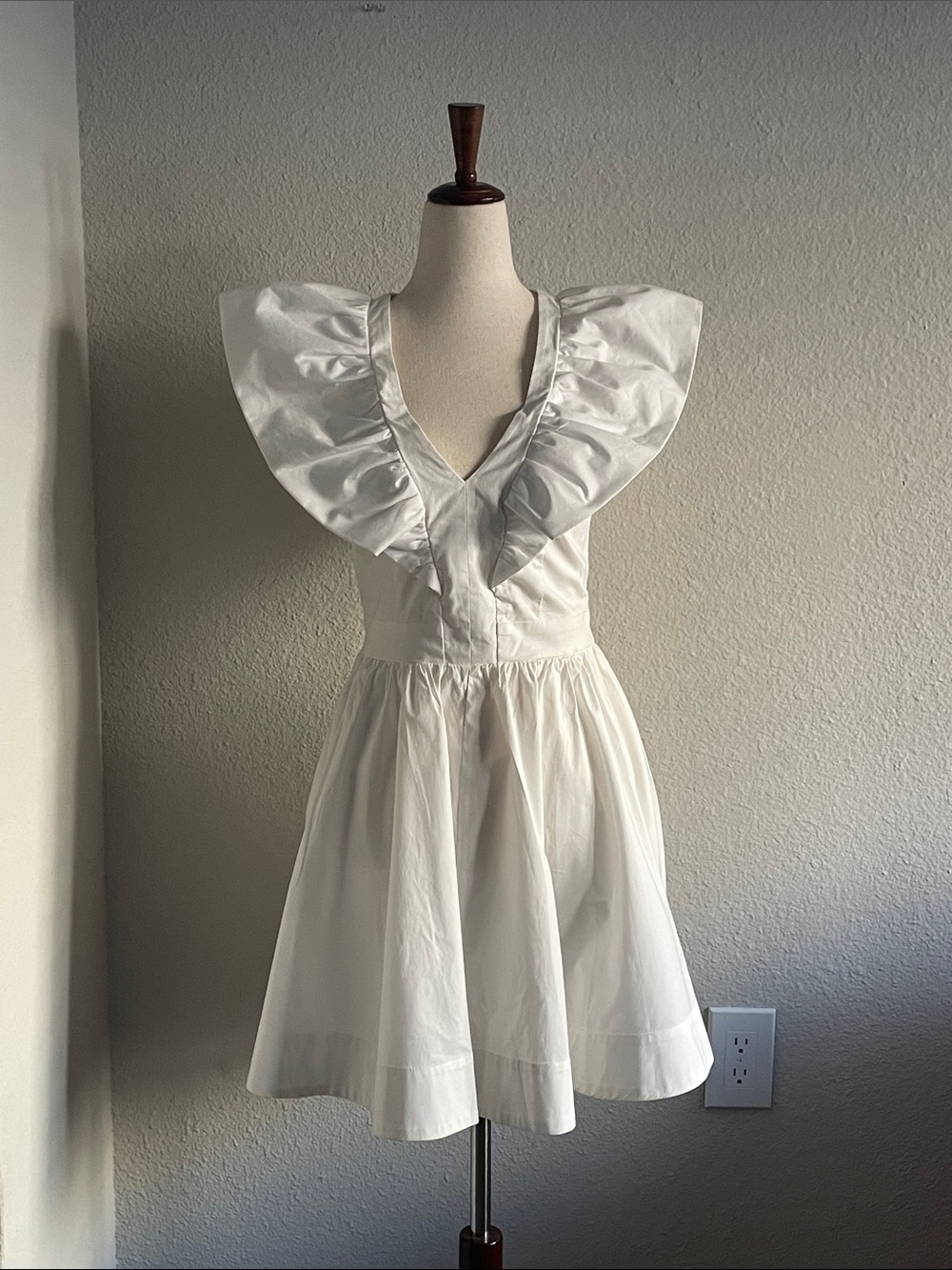 LDT White V-Neck Ruffle Sleeve Mini Dress